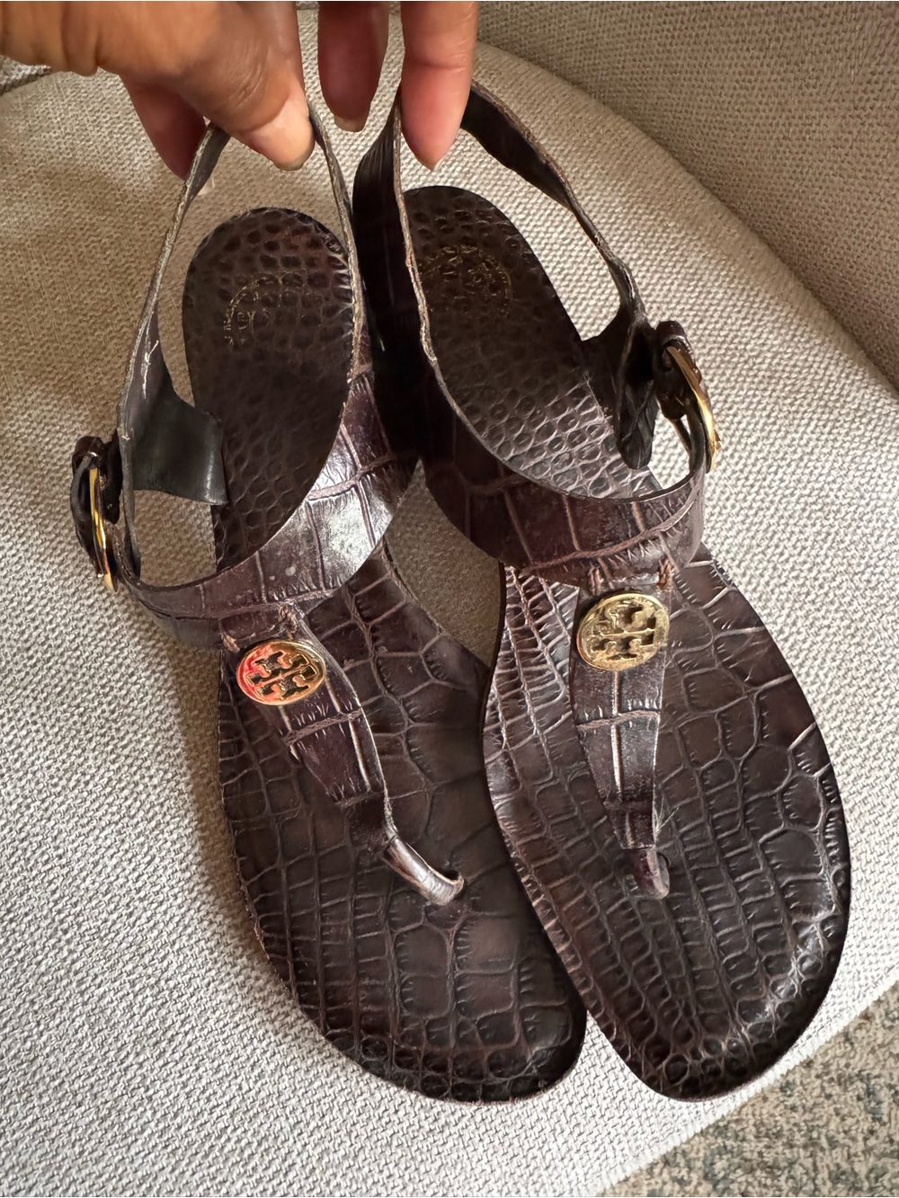 Tory Burch Dark Brown Croc-Embossed Thong Sandals with Gold Medallions